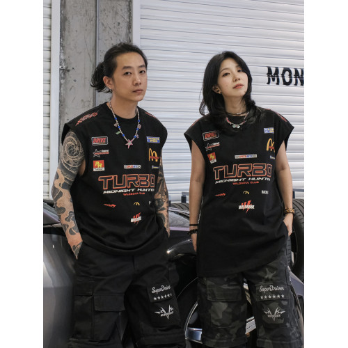wildsoul夏季重磅印花無袖賽車復古背心純棉圓領休閒寬松個性美式