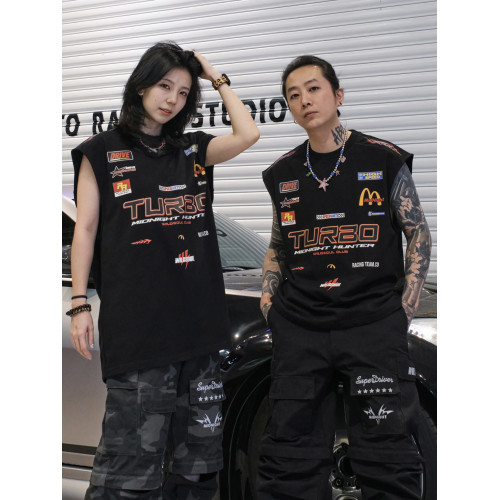 wildsoul夏季重磅印花無袖賽車復古背心純棉圓領休閒寬松個性美式
