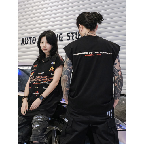 wildsoul夏季重磅印花無袖賽車復古背心純棉圓領休閒寬松個性美式