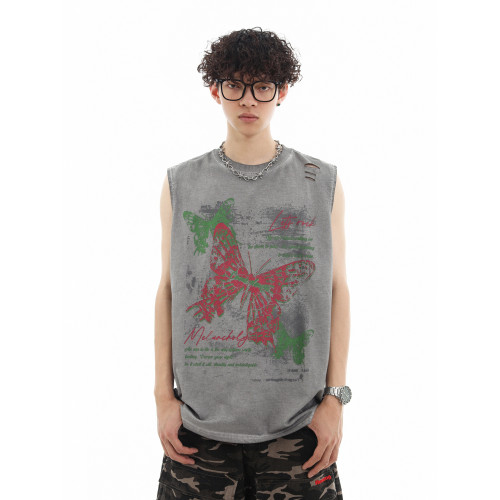潮街區 無袖T恤男潮牌洗水做舊復古嘻哈印花破洞坎肩背心男生運動