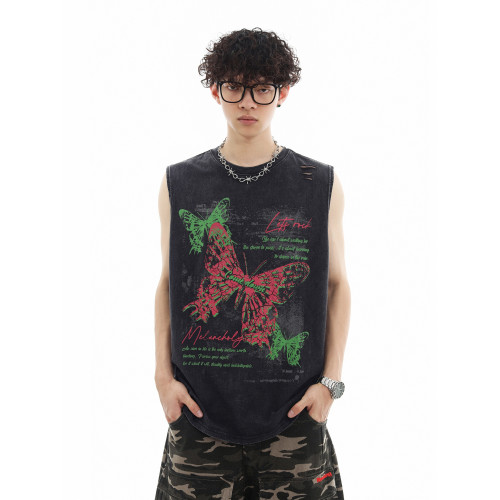 潮街區 無袖T恤男潮牌洗水做舊復古嘻哈印花破洞坎肩背心男生運動