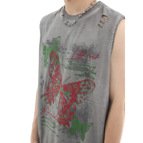 潮街區 無袖T恤男潮牌洗水做舊復古嘻哈印花破洞坎肩背心男生運動