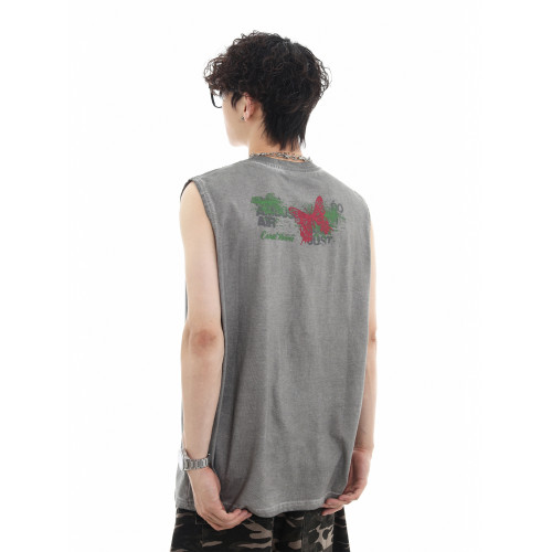 潮街區 無袖T恤男潮牌洗水做舊復古嘻哈印花破洞坎肩背心男生運動