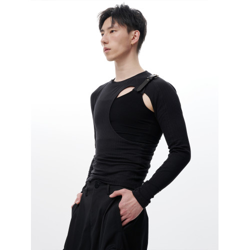 蛻幕|修身分割鏤空T恤塑形高彈緊身背心皮帶拼接解搆背心