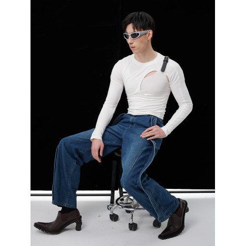 蛻幕|修身分割鏤空T恤塑形高彈緊身背心皮帶拼接解搆背心