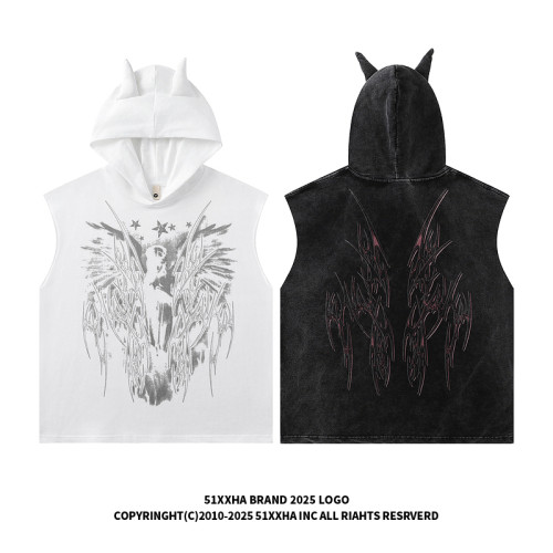 51嘻哈高街復古vintage天使印花連帽無袖T恤男女夏季寬松坎肩背心