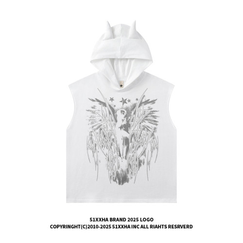 51嘻哈高街復古vintage天使印花連帽無袖T恤男女夏季寬松坎肩背心