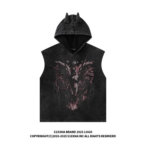 51嘻哈高街復古vintage天使印花連帽無袖T恤男女夏季寬松坎肩背心