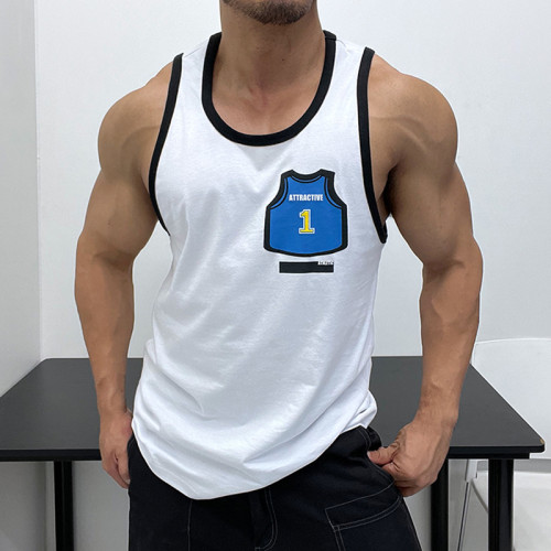 純棉好面料！立體髮泡印修身背心無袖T恤肌肉男全棉健身優良成衣