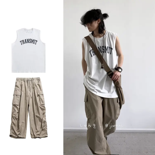 兩件裝/單件夏日系復古印花無袖背心男女寬松運動透氣純棉T恤上衣