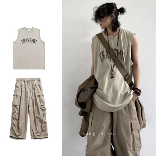 兩件裝/單件夏日系復古印花無袖背心男女寬松運動透氣純棉T恤上衣