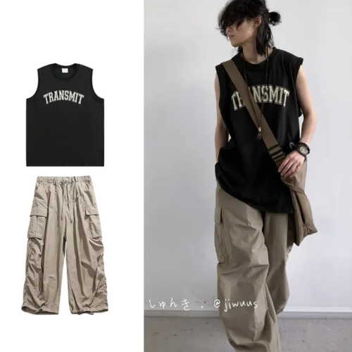 兩件裝/單件夏日系復古印花無袖背心男女寬松運動透氣純棉T恤上衣