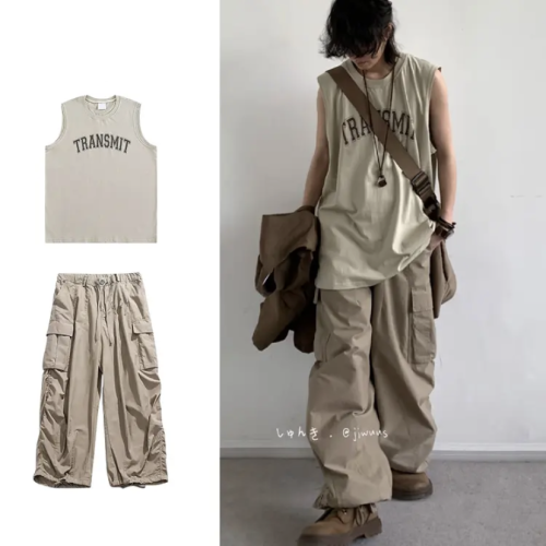 兩件裝/單件夏日系復古印花無袖背心男女寬松運動透氣純棉T恤上衣