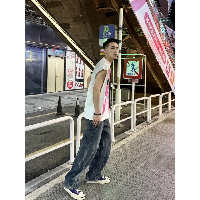 美式潮牌vintage樂隊寬松廢土風破壞男士白色背心情侶T恤無袖坎肩 美式潮牌vintage樂隊寬松廢土風破壞男士白色背心情侶T恤無袖坎肩