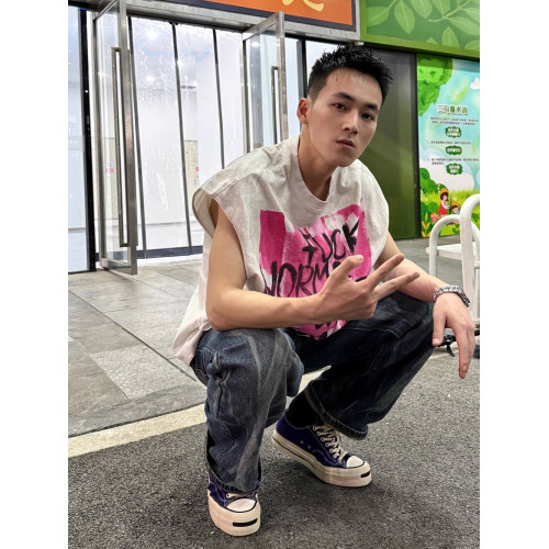 美式潮牌vintage樂隊寬松廢土風破壞男士白色背心情侶T恤無袖坎肩 美式潮牌vintage樂隊寬松廢土風破壞男士白色背心情侶T恤無袖坎肩