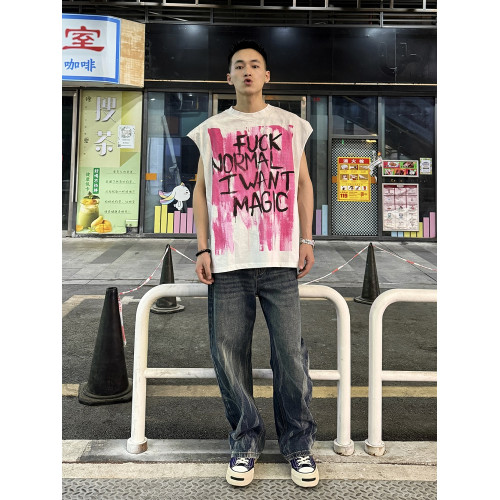 美式潮牌vintage樂隊寬松廢土風破壞男士白色背心情侶T恤無袖坎肩 美式潮牌vintage樂隊寬松廢土風破壞男士白色背心情侶T恤無袖坎肩