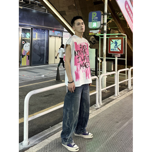 美式潮牌vintage樂隊寬松廢土風破壞男士白色背心情侶T恤無袖坎肩 美式潮牌vintage樂隊寬松廢土風破壞男士白色背心情侶T恤無袖坎肩