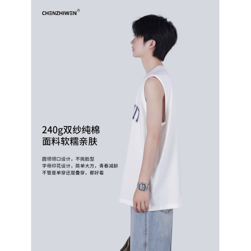 陳智文背心男夏季網紅坎肩跨欄純棉無袖白色美式籃球運動寬肩砍袖
