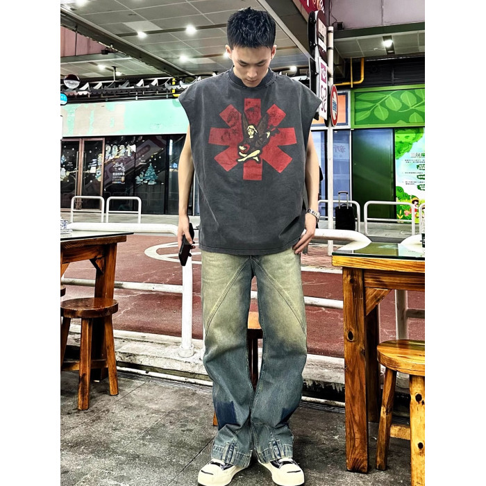 美式vintage寬松廢土風破壞RED樂隊男士潮牌背心情侶T恤無袖坎肩 美式vintage寬松廢土風破壞RED樂隊男士潮牌背心情侶T恤無袖坎肩