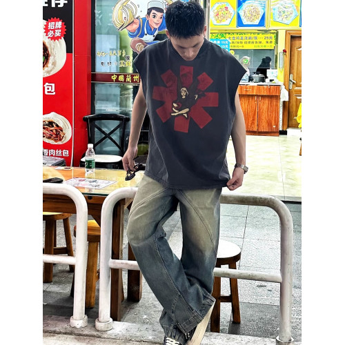美式vintage寬松廢土風破壞RED樂隊男士潮牌背心情侶T恤無袖坎肩 美式vintage寬松廢土風破壞RED樂隊男士潮牌背心情侶T恤無袖坎肩