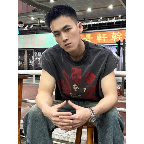美式vintage寬松廢土風破壞RED樂隊男士潮牌背心情侶T恤無袖坎肩 美式vintage寬松廢土風破壞RED樂隊男士潮牌背心情侶T恤無袖坎肩