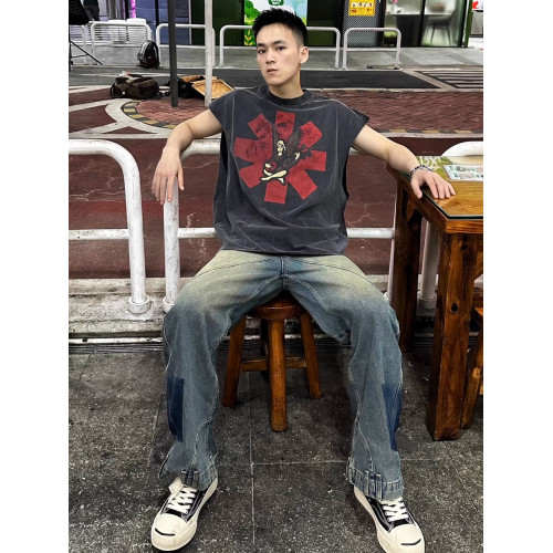 美式vintage寬松廢土風破壞RED樂隊男士潮牌背心情侶T恤無袖坎肩 美式vintage寬松廢土風破壞RED樂隊男士潮牌背心情侶T恤無袖坎肩