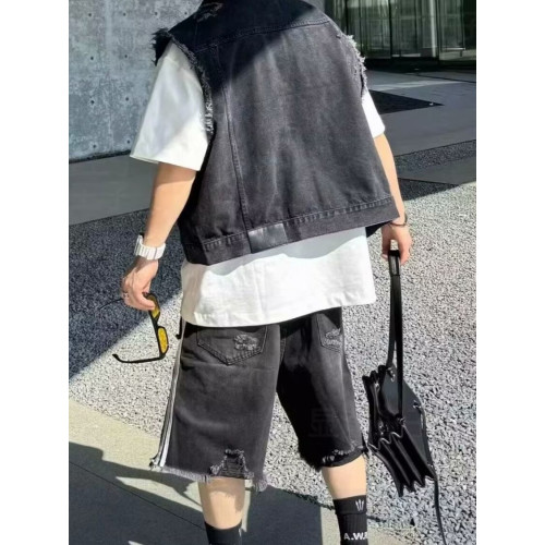 美式復古破洞短款牛仔馬甲男春秋季高街潮牌做舊寬松痞帥無袖坎肩