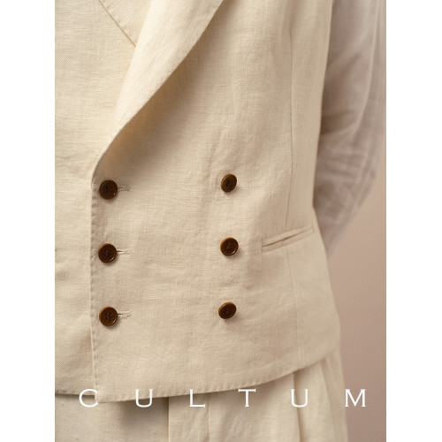 CULTUM100%法國重磅亞麻戧駁領雙排釦西裝馬甲男紳士休閒馬夾西服
