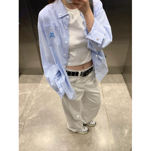 韓系藍色條紋小狗刺綉襯衫外套女夏季新款透氣防曬高級感長袖襯衣