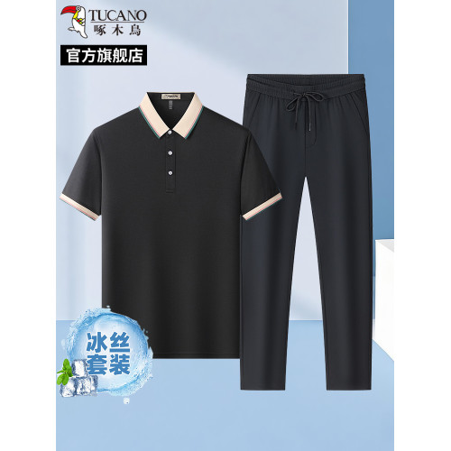 啄木鳥2025夏季短袖POLO衫+冰絲直筒運動休閒長褲子男士T恤套裝H