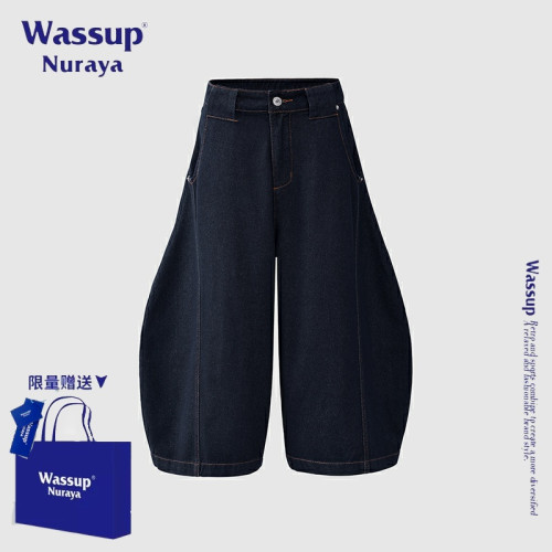 WASSUP NURAYA美式復古彎刀牛仔褲男士夏季新款濶腿褲寬松七分褲