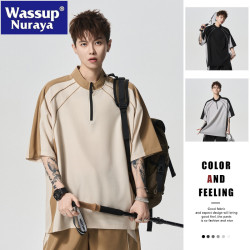 WASSUP NURAYA半拉鍊短袖t恤男夏季2025新款撞色五分半袖青年體恤