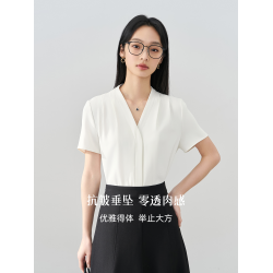 伯德小姐白色v領短袖襯衫女夏新款職業正裝上衣教資面試穿搭襯衣
