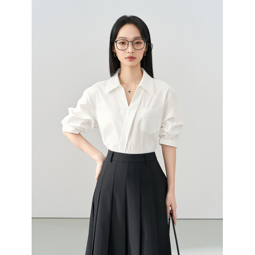 伯德小姐白色v領襯衫女士早秋面試穿搭通勤正裝短袖上衣職業襯衣