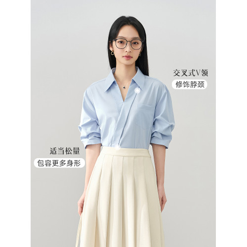 伯德小姐白色v領襯衫女士早秋面試穿搭通勤正裝短袖上衣職業襯衣