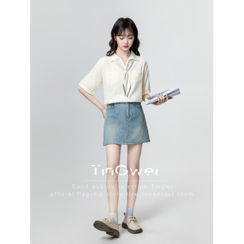 POLO領杏色雪紡襯衫女短袖2025新款夏季寬松薄款翻領飄帶襯衣上衣