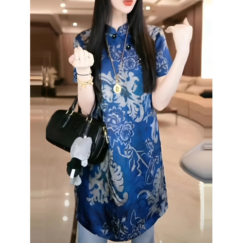 藍色國風印花短袖旗袍襯衫女士夏季斜襟復古時尚小衫遮肉顯瘦上衣