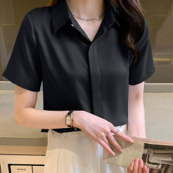 雪紡襯衫女短袖高級感2025夏季新款職業工作服黑色襯衣冰絲上衣