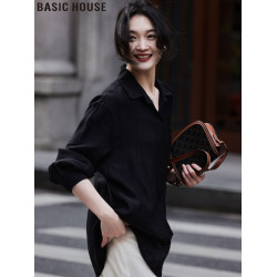 Basic House/百家好法式高級感黑色翻領長袖襯衫2025夏季新款女裝