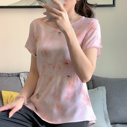 碎花襯衫女棉綢夏裝新款寬松遮肚子裙擺小衫中年媽媽洋氣短袖上衣