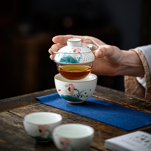 陶物集 手繪玻璃一壺三杯可攜式 旅行茶具釉下彩快客杯功夫茶具套裝