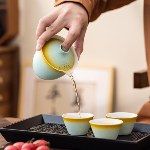 旅行茶具可攜式戶外功夫茶具漸變色一壺三杯陶瓷茶具套裝伴手禮