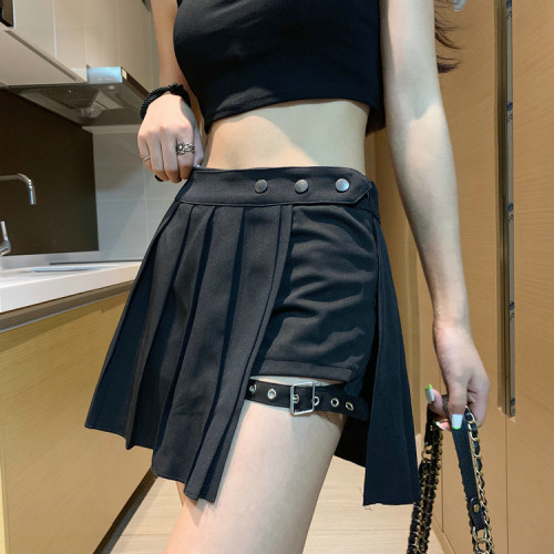 歐美風夏季性新款感腿環裙百褶裙短裙黑暗系半身裙子女酷潮厭世女