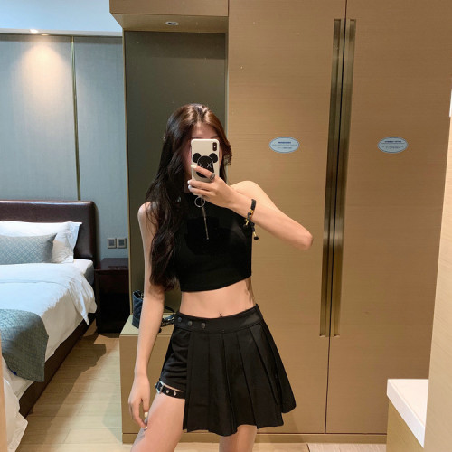 歐美風夏季性新款感腿環裙百褶裙短裙黑暗系半身裙子女酷潮厭世女