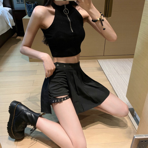 歐美風夏季性新款感腿環裙百褶裙短裙黑暗系半身裙子女酷潮厭世女
