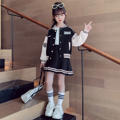 女童學院風套裝裙子春秋新款大童洋氣親子裝外套女孩棒球服兩件套
