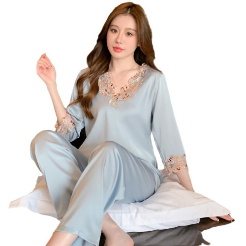 睡衣女春秋款絲滑緞面長袖女士睡衣家居服套裝性感五彩花邊高級感