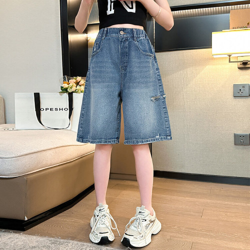 女童牛仔中褲2025夏季洋氣破洞短褲寬松五分褲中大童裝女孩褲子潮