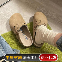 真皮勃肯鞋女厚底拖鞋半拖2025春夏新款外穿釣魚男半拖包頭軟博肯