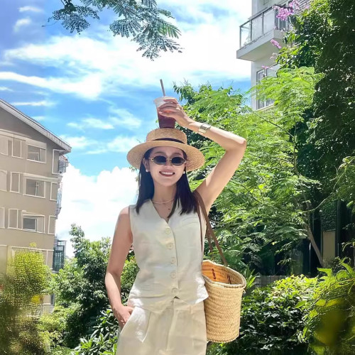 無袖棉麻亞麻套裝女高級夏裝冷淡風高級感馬甲背心休閒短褲兩件套